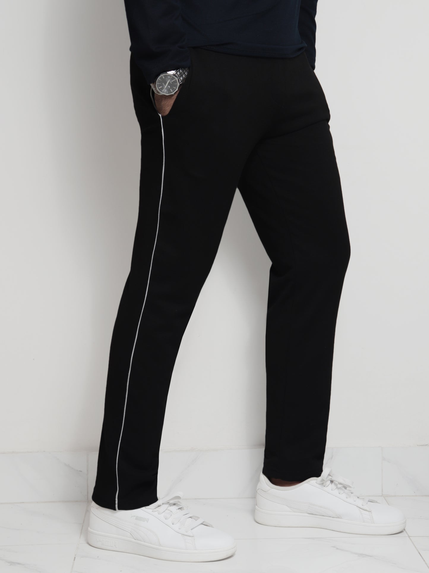 TR328-P- LCSTE 100% COTTON TERRY PIPING TROUSER "BLACK"