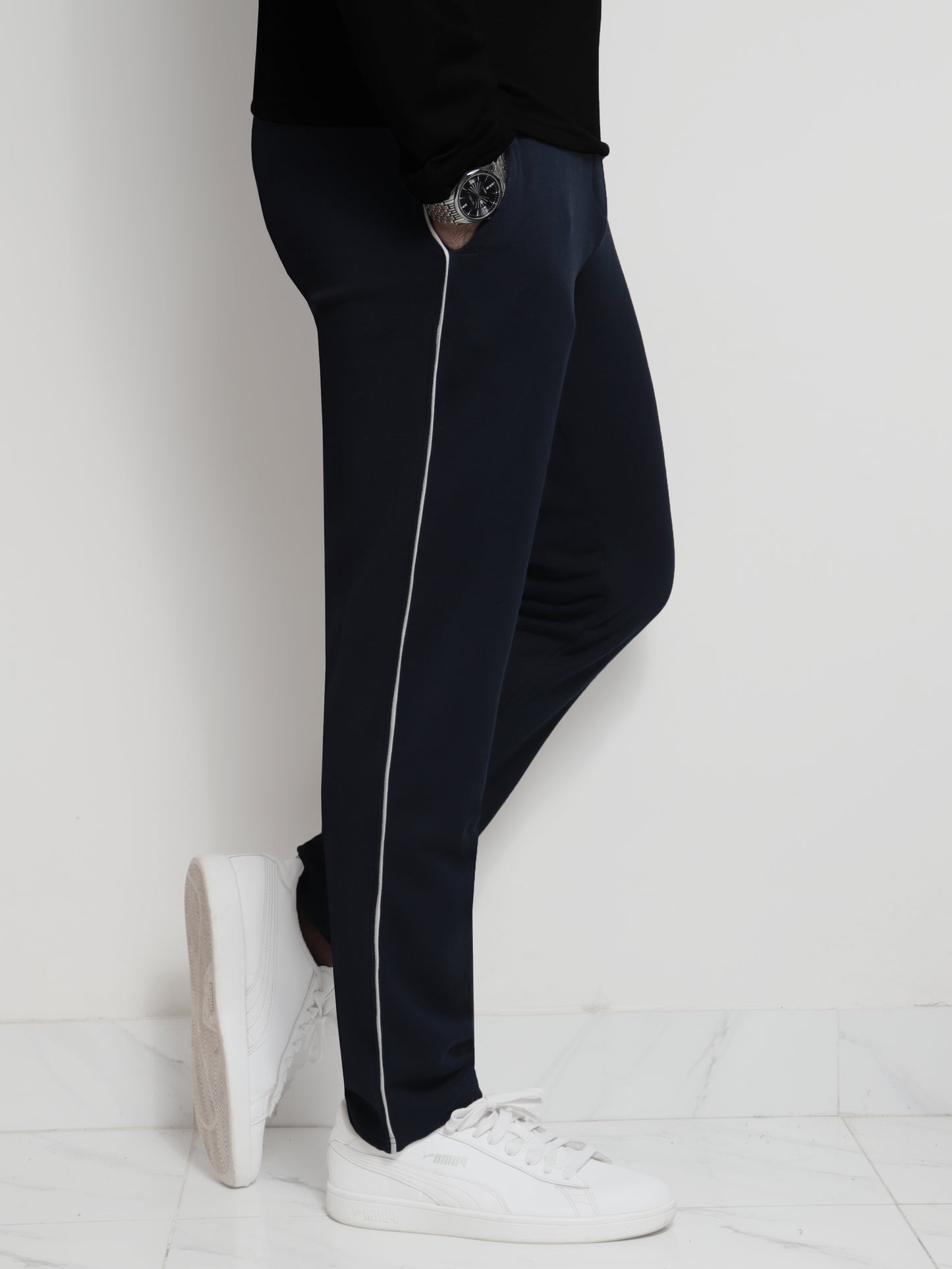 TR328-P- LCSTE 100% COTTON TERRY PIPING TROUSER "NAVY"